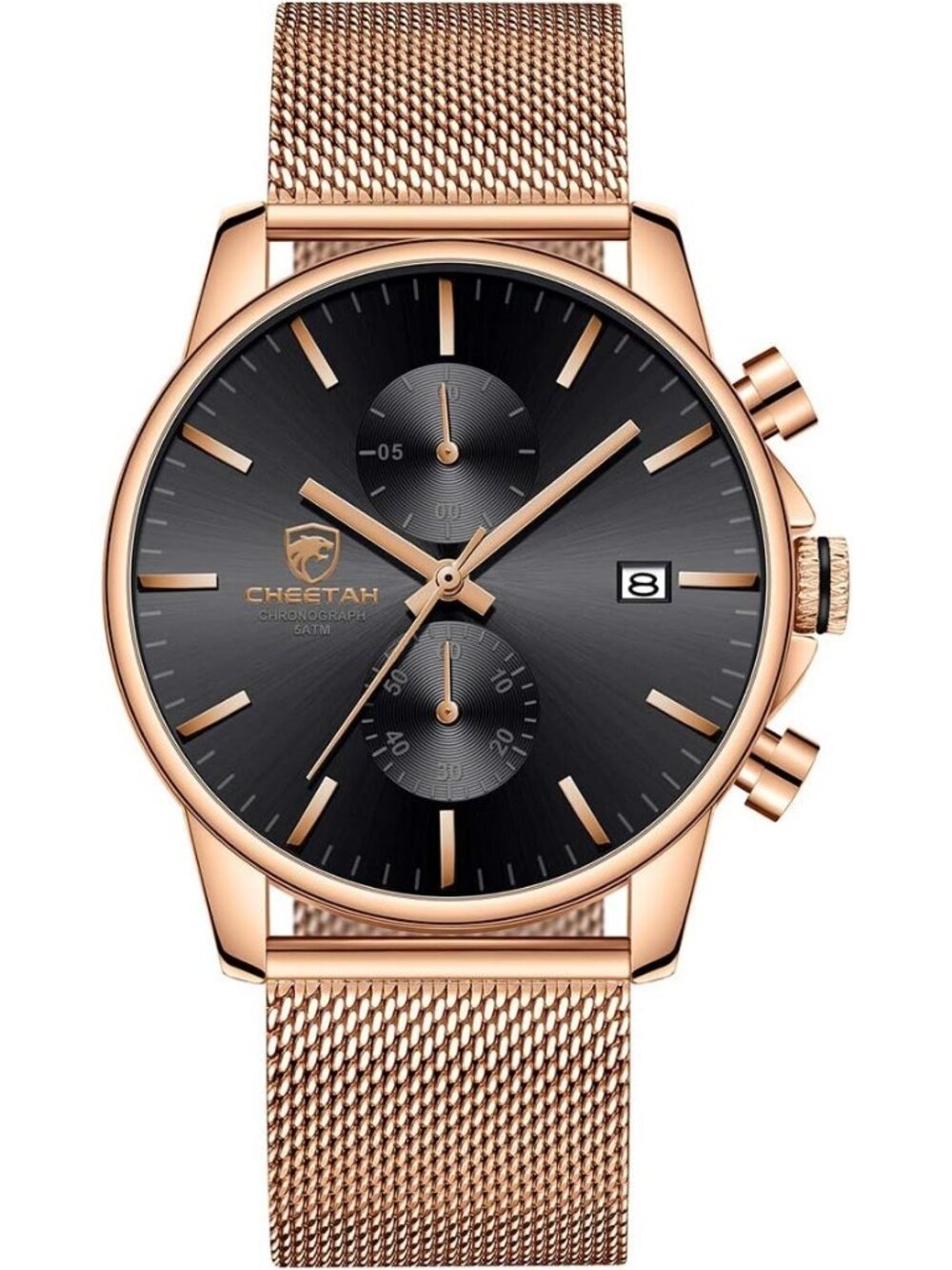 Men's Rose Gold Black Quartz Analog Mesh Strap Stainless Steel Chronograph Watch